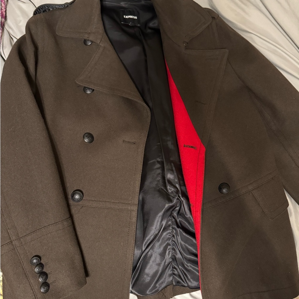 Express Men's Olive Green Peacoat with Red Lining